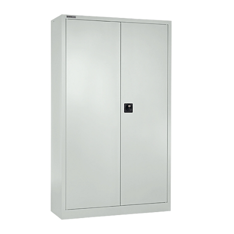 A gray steel cabinet with two doors and a black handle in the center.
