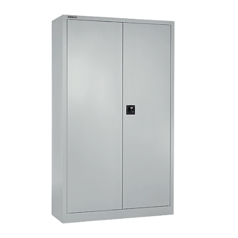 Gray metal cabinet with two doors, a black handle, and a neutral background.