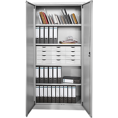Gray file cabinet with open doors. Folders, books, pads, and drawers are visible.