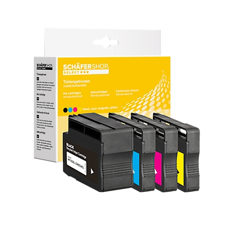 Ink cartridges with black housing and colored recesses, in front of a yellow packaging.