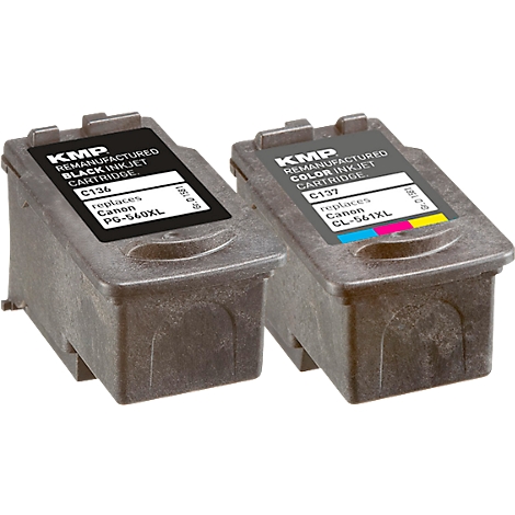 Twee KMP-inktcartridges, één zwart, één kleur, naast elkaar. Tekst: Zwart: C136, vervangt PG-540XL. Kleur: C137, vervangt CL-561XL.