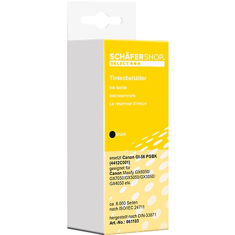 Gele en zwarte inktcartridge doos, product- en tekstinformatie, zwart.