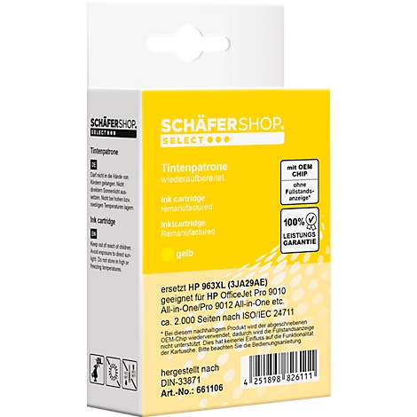 Gele inktcartridge met tekst, "Schäfer Shop Select" en "Tintenpatrone".