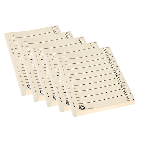 Plusieurs blocs-notes crème perforés avec des lignes horizontales et une colonne numérotée sur fond blanc.