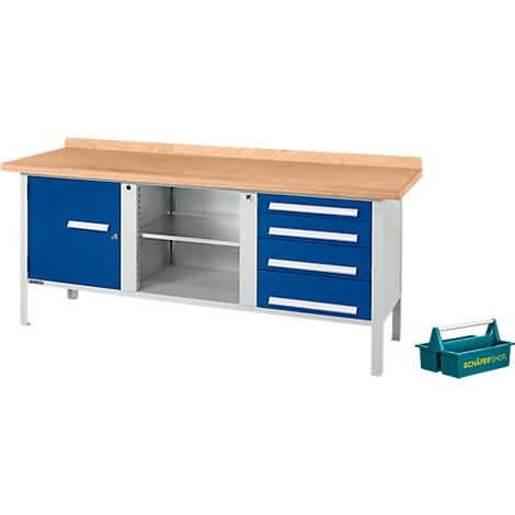 Werkbank mit blauen Türen und Schubladen, heller Holzplatte und Werkzeugkasten. Text: Schäfer Shop.