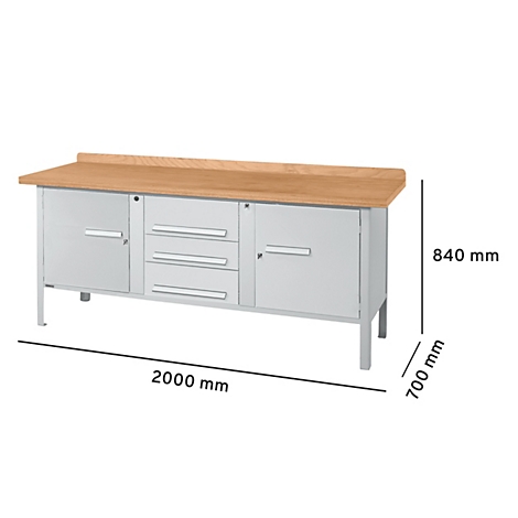 Werkbank met houten blad, lichtgrijze kastdeuren en laden. Afmetingen: 2000 x 700 x 840 mm.