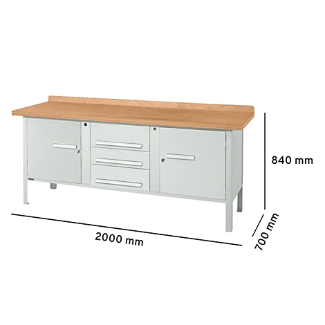 Werkbank met houten blad, lichtgrijze kastdeuren en laden. Afmetingen: 2000 x 700 x 840 mm.