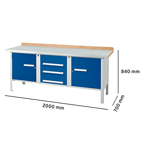 Werkbank met blauwe deuren en laden, houten blad. Afmetingen: 2000 mm x 700 mm x 840 mm.