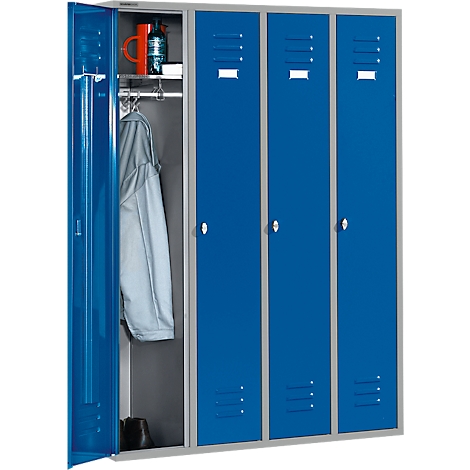 Blau-grauer Schrank mit offenem Fach, innen mit Jacke und Utensilien. Drei weitere geschlossene blaue Fächer.