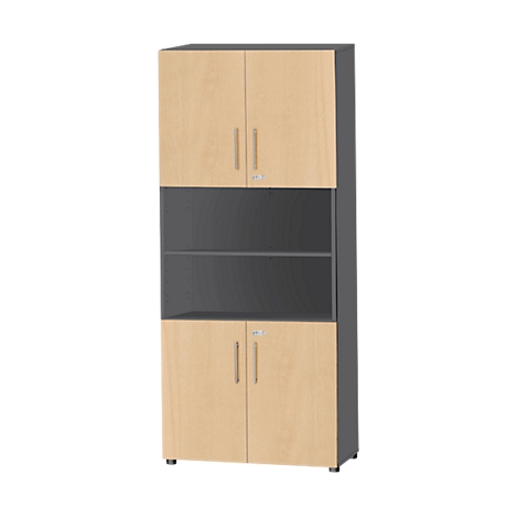 Hoher Büroschrank in Holzoptik mit Türen und offenen Fächern.