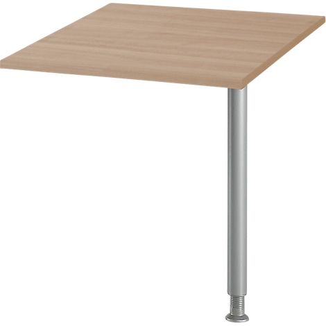 Vierkante tafel met licht houten blad en zilveren poot. Schroefvoet.