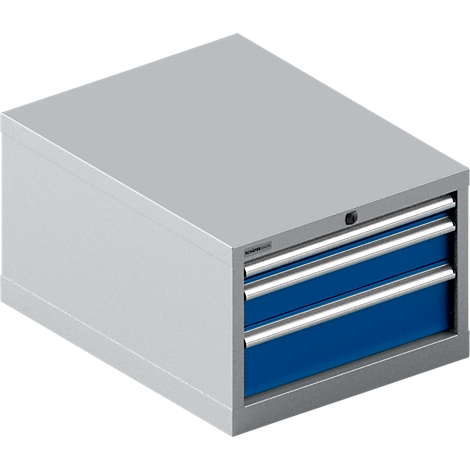 Grijze gereedschapskast met drie blauwe laden, zilveren handgrepen en slot.