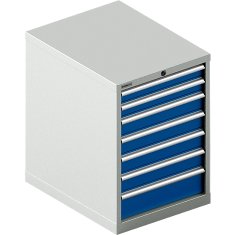 Grijze metalen kast met zes blauwe lades met zilveren handgrepen.