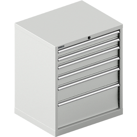 Grijze gereedschapskast met zes lades en zilveren handgrepen.