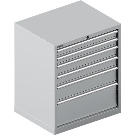 Grijze gereedschapskist met zes lades en zilveren handgrepen.