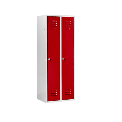 A cabinet with two red doors. The doors have ventilation slots and small locks. The cabinet stands on a white background.