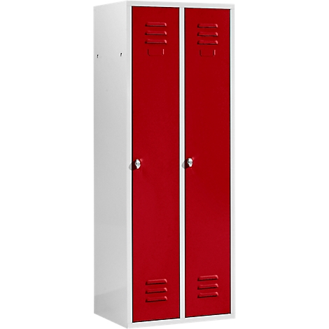 A white cabinet with two red doors, each with ventilation slots and a handle.