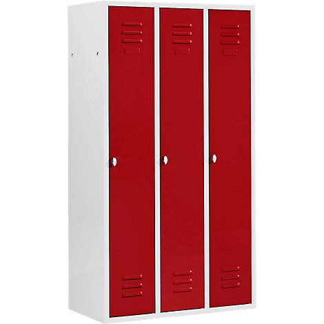 Three red lockers with white sides. Each locker has a handle and ventilation slots.