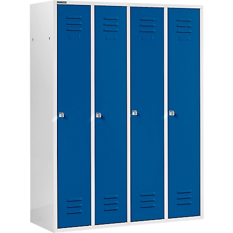 A cabinet with four blue doors and silver handles in front of a white frame.