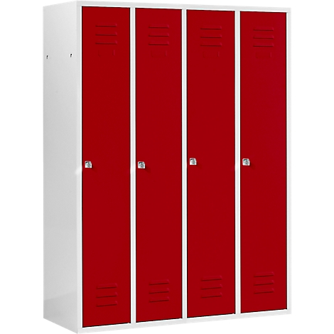 A cabinet with four red doors framed by white sides and frames. Each door has a small handle and ventilation slots.