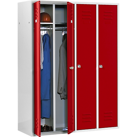 A locker with red painted doors and an open door with hanging clothes.