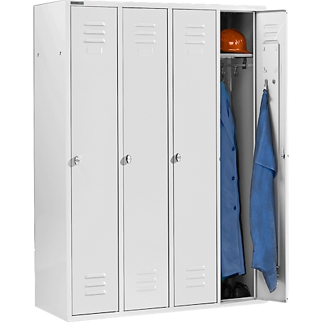 White locker with three doors, one open. Orange helmet, blue work clothes, shoes are visible.
