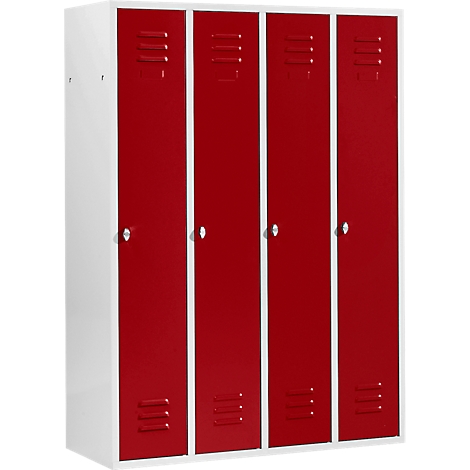 A cabinet with four red doors and white frames, small ventilation slits at the top and bottom.
