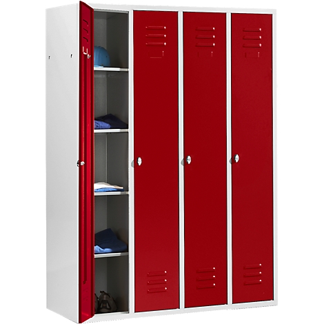 White and red locker with open door, filled with hats, clothes and shoes.