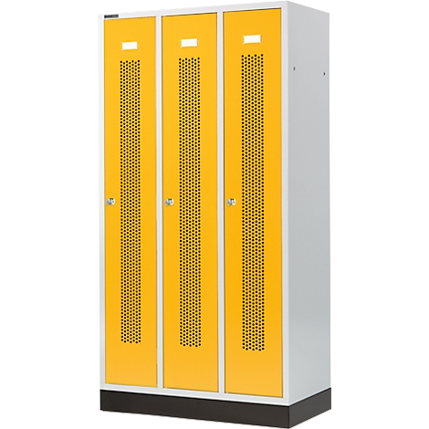 Yellow painted three-door cabinet with ventilation holes and silver handles.