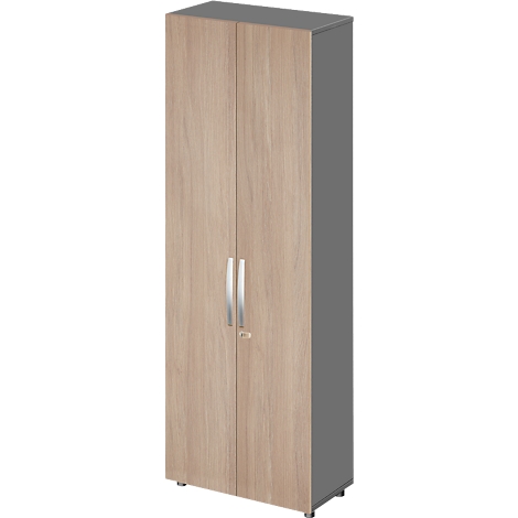 Armario beige con vetas de madera, tapa y lateral grises, dos tiradores plateados.