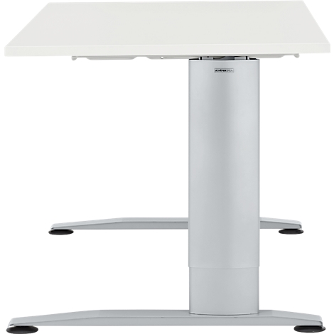 Een witte, in hoogte verstelbare bureau met zilveren poten, van opzij gefotografeerd.