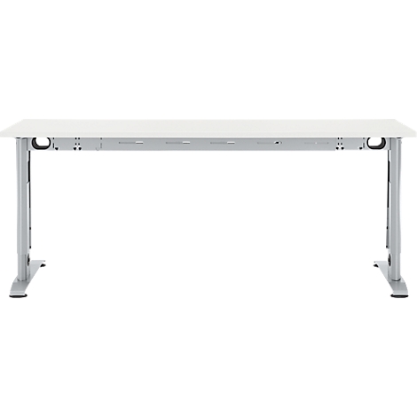 Witte bureau met zilveren poten. Metalen spanten zijn zichtbaar onder het tafelblad.