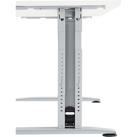 Detailopname van het in hoogte verstelbare tafelonderstel. Grijze kolom met een rij gaten en een zwarte hendel.