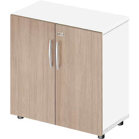 A white cabinet with two wooden doors with silver handles.