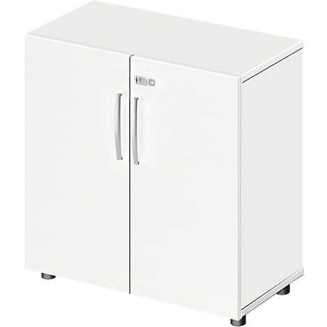 White cabinet with two doors and silver handles. Black feet.