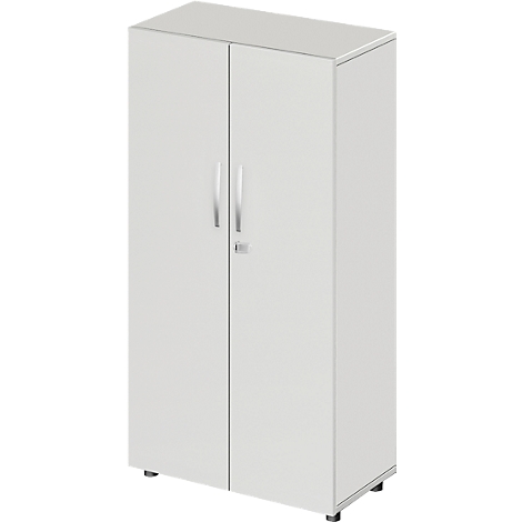 White cabinet with two doors, silver handles and feet.