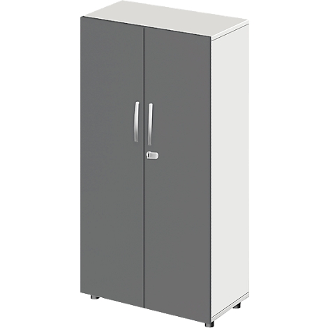 A grey cabinet with two doors and silver handles, which are located on a white side.