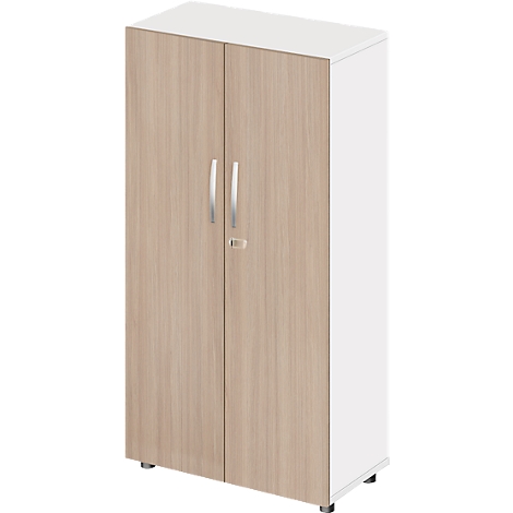 Cabinet with two doors, wood look, light color, silver handles.