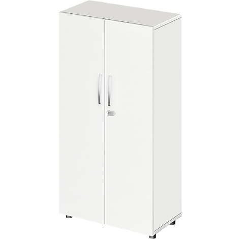 White cabinet with two doors, silver handles, and feet.