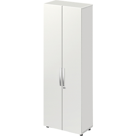 White cabinet with two doors and silver handles. Stands on small feet. Neutral background.