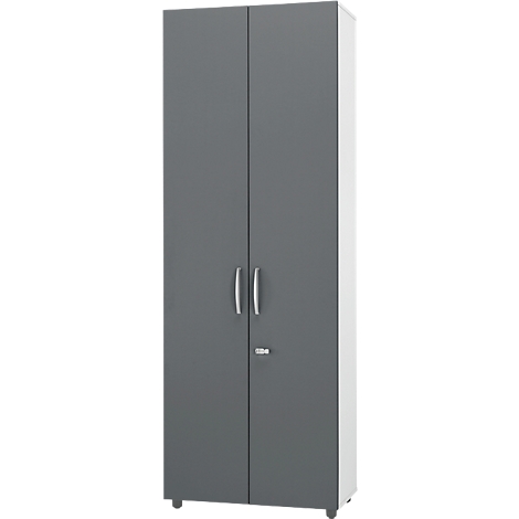 Grey cabinet with double doors and silver handles. The body is white, the rest is grey.