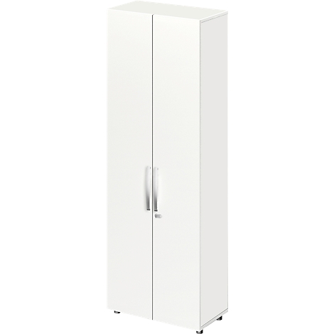 White cabinet with two doors and silver handles. The cabinet stands on small feet.