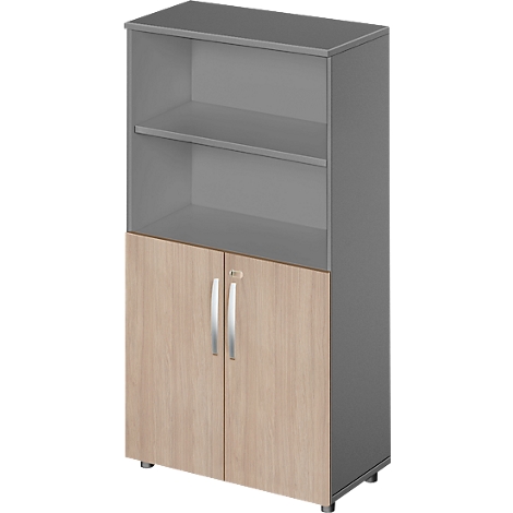 Cabinet with gray and light brown wooden doors, two shelves and silver handles.