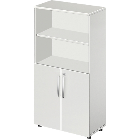 White cabinet with two doors at the bottom and two shelves at the top. Metal handles and feet.
