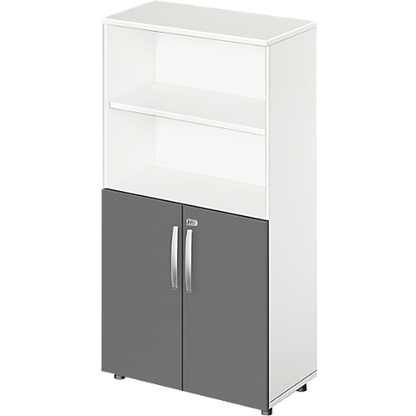 Tall white and grey cabinet, open shelves, grey doors.