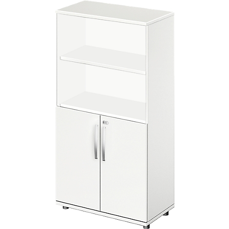 White office cabinet with two doors at the bottom and shelves at the top. Silver handles and legs.