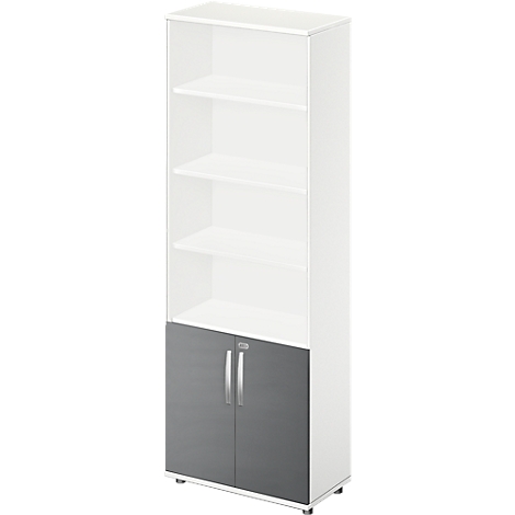 White office cabinet with grey doors and shelves. Metal handles, four shelves. Rectangular shape.