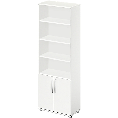 White bookcase with shelves and doors. Standing on metal feet.