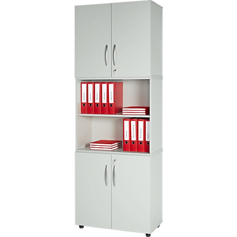 Light grey filing cabinet with two doors at the top and bottom, open compartment with red folders and shelves. Closing with handles.