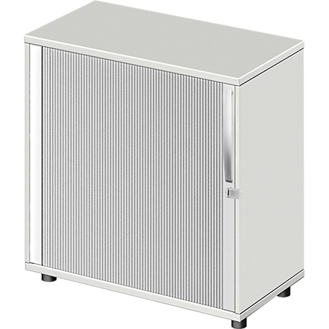 White cabinet with grooved sliding doors. Chrome handle. Stands on four black feet.